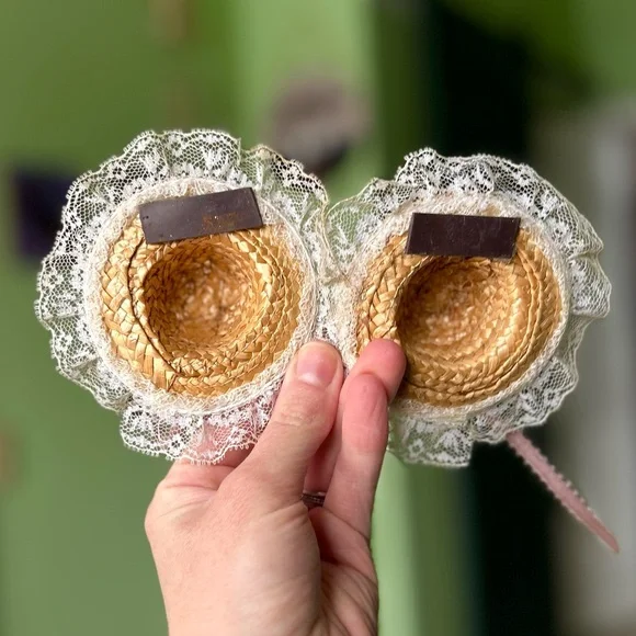 VTG Handmade Wicker Sun Hats Lace & Floral Magnet Cottagecore Farmhouse Set of 2 - Picture 6 of 10